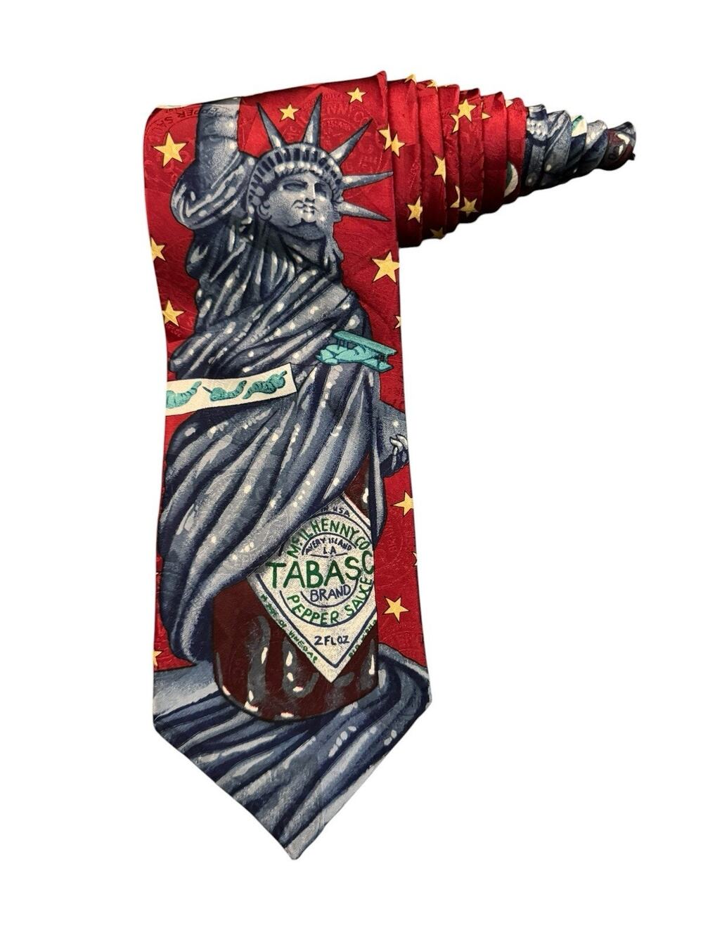 Vintage Tabasco Sauce Statue Of Liberty Novelty Necktie 100% Silk 90’s Stars
